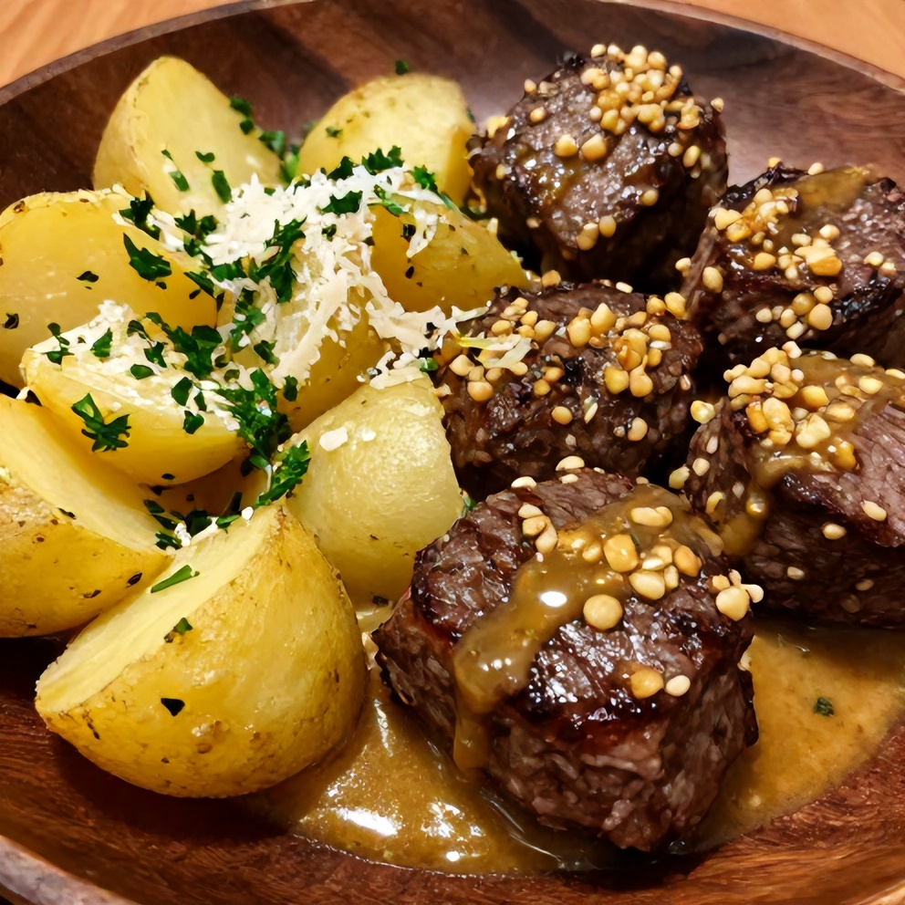 Garlic butter steak bites with potatoes plated