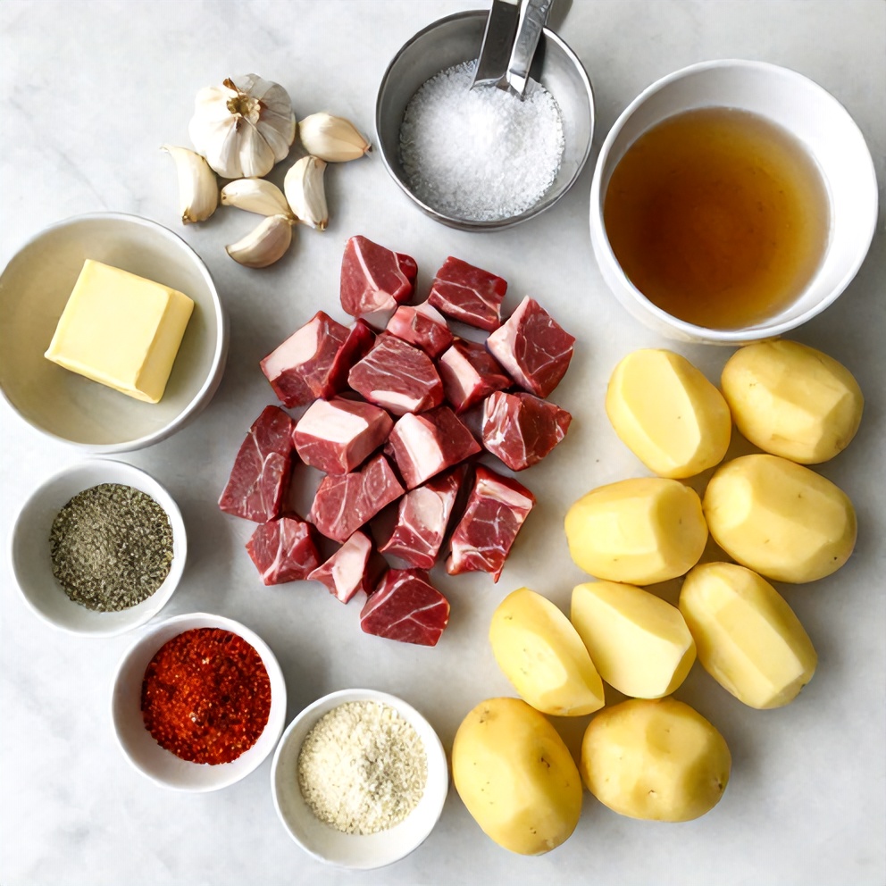 Ingredients for garlic butter steak bites with potatoes