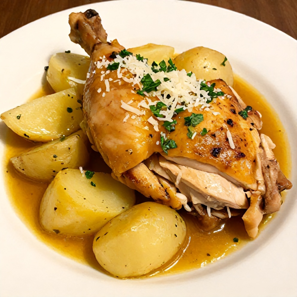 Plated Garlic Parmesan Chicken and Potatoes