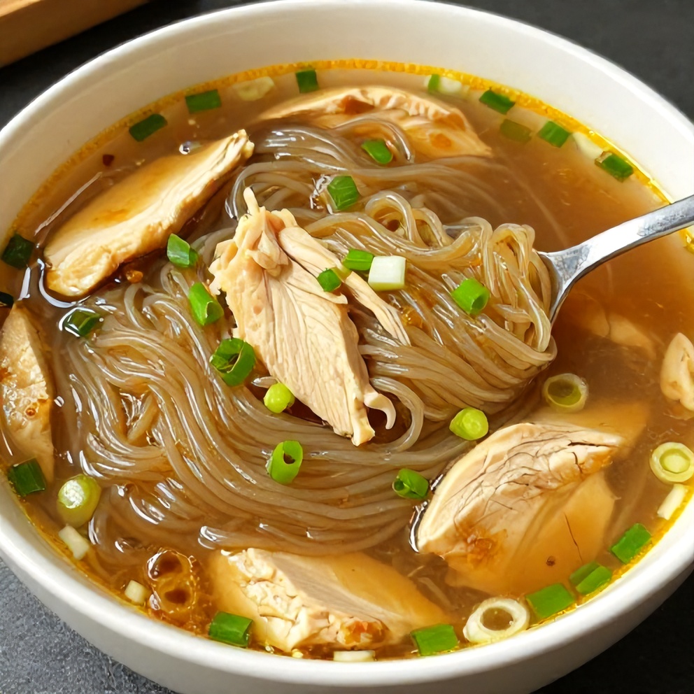 One perfect serving of Ginger Scallion Chicken Noodle Soup plated in a deep bowl, garnished with sliced scallions, and a spoon ready to stir the noodles.