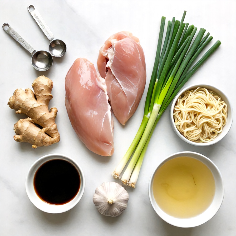 Overhead flat lay of raw ingredients: chicken breasts, ginger, scallions, noodles, garlic, soy sauce, and chicken broth. Measuring spoons and prep bowls visible on a white marble surface.