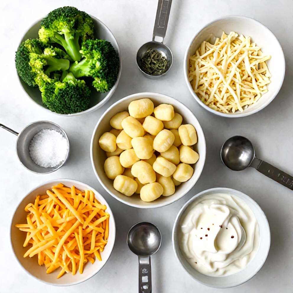 Gnocchi, broccoli, cheese, garlic, and other ingredients for the bake