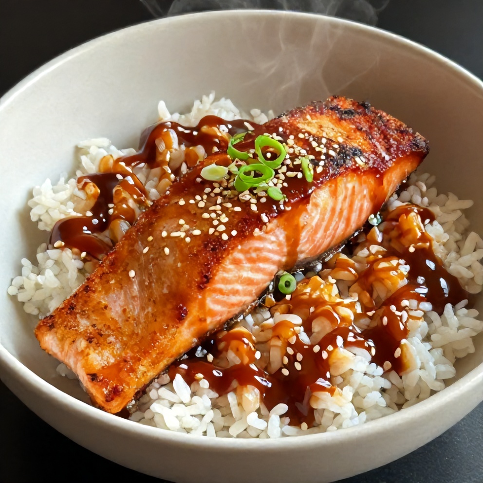 Plated gochujang butter salmon rice bowl