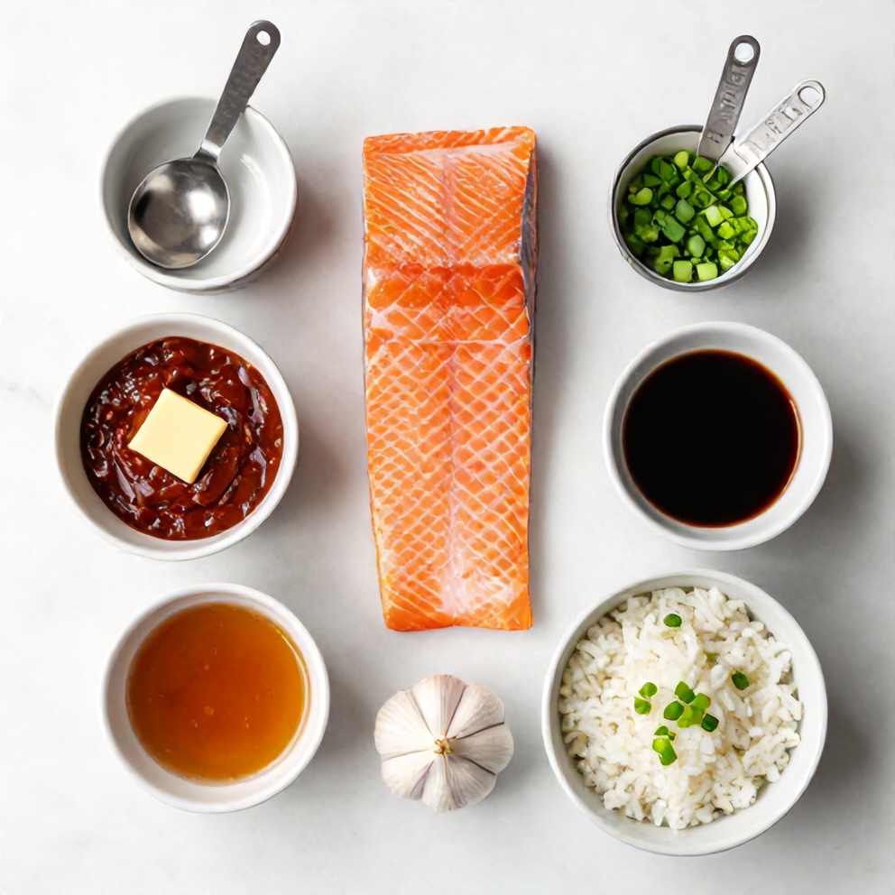 Raw ingredients for gochujang butter salmon rice bowl