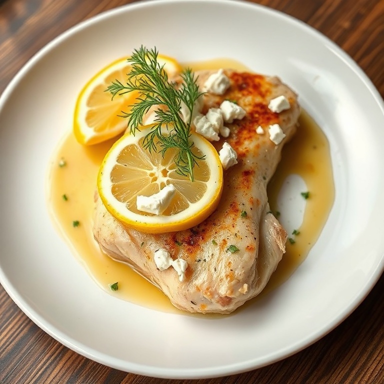 Plated chicken with lemon and feta. Fresh dill garnish. White ceramic plate with sauce drizzle. Warm lighting highlights texture.