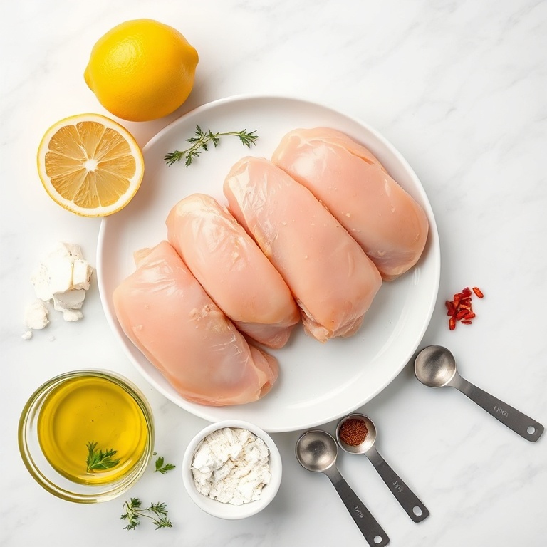 Chicken thighs, lemon, feta, olive oil, garlic, oregano, red pepper flakes, salt, and pepper arranged in an overhead flat lay. Measuring spoons and bowls visible.