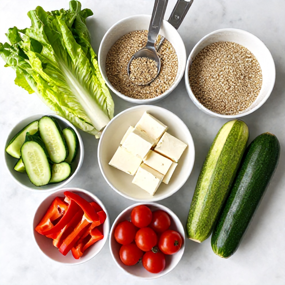 Raw ingredients for Greek grain bowl