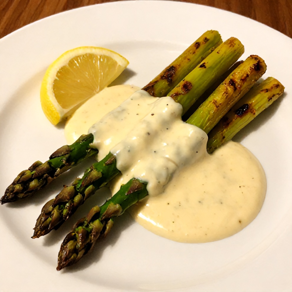 Plated grilled asparagus with tahini lemon sauce