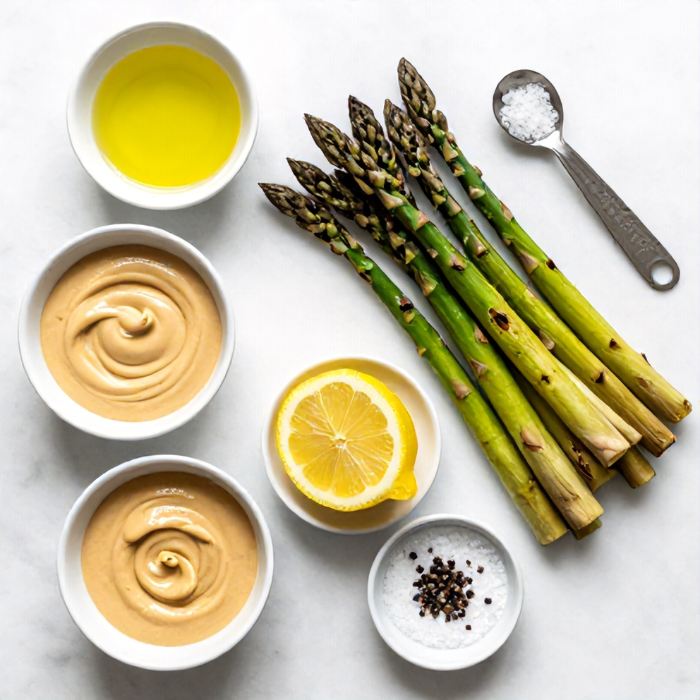 Raw ingredients for grilled asparagus with tahini lemon sauce