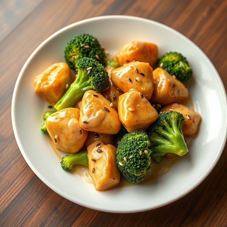 Plated chicken and broccoli with garlic sauce. Garnished with sesame seeds. White ceramic bowl. Warm side lighting. Photorealistic food photography.