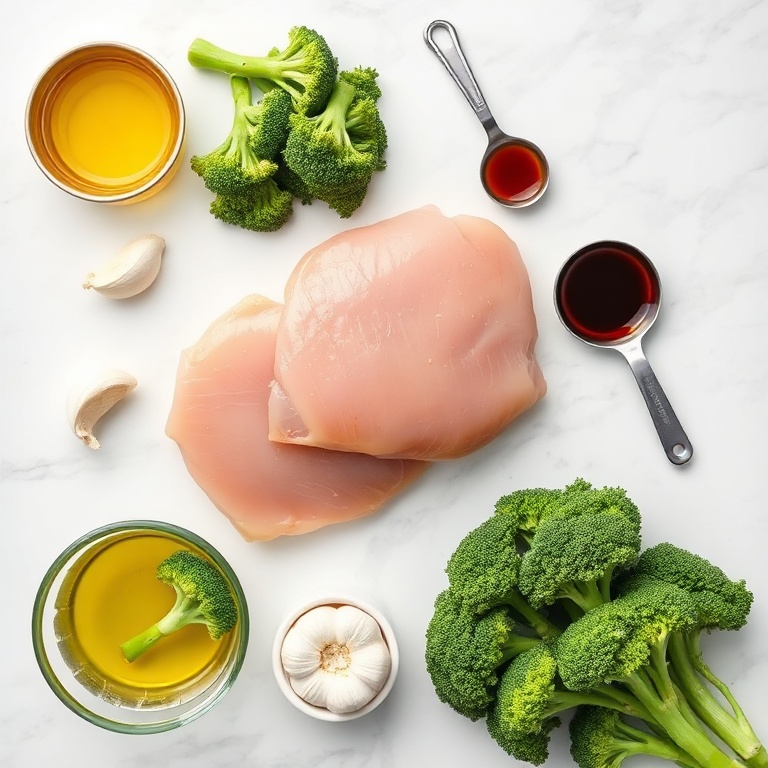 Raw chicken, broccoli, garlic, soy sauce, and olive oil arranged in a flat lay. Measuring cups, bowls, and spoons visible. White marble surface. Bright even light.