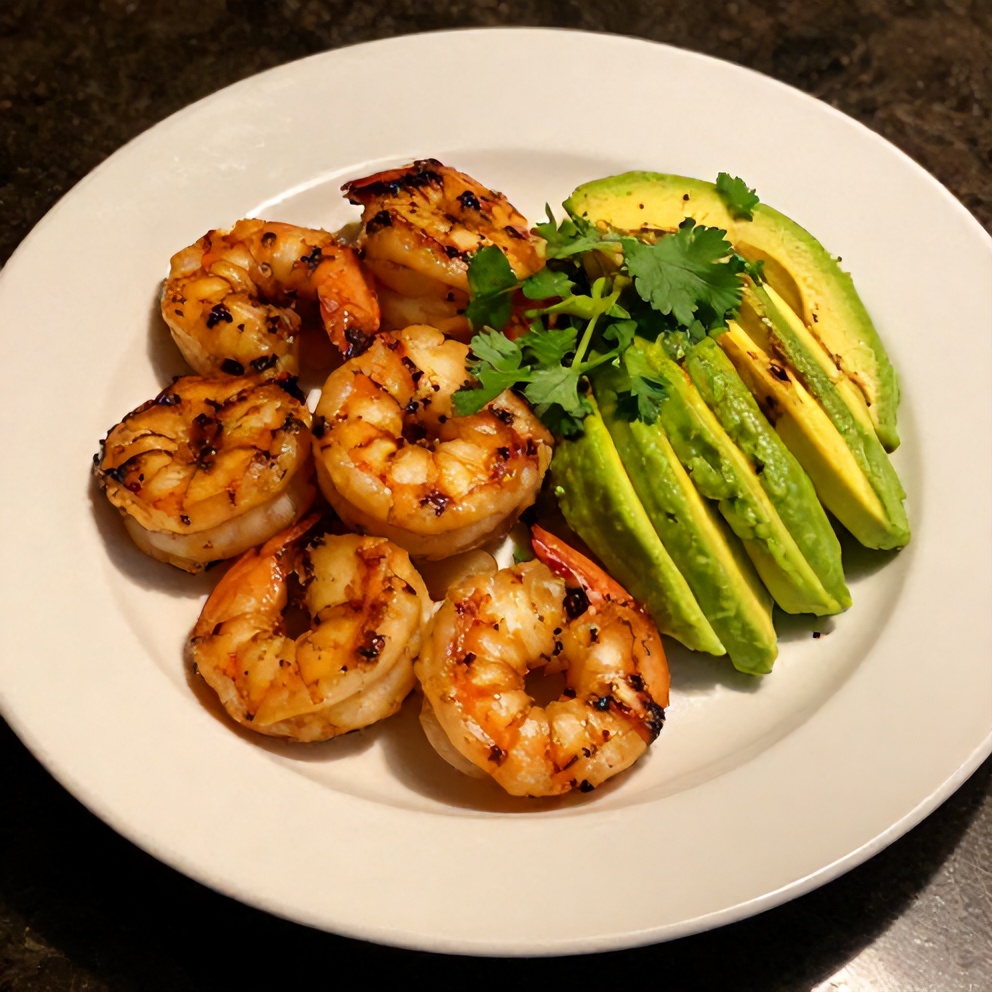 Grilled Shrimp and Avocado Bowl plated with crispy shrimp and creamy avocado