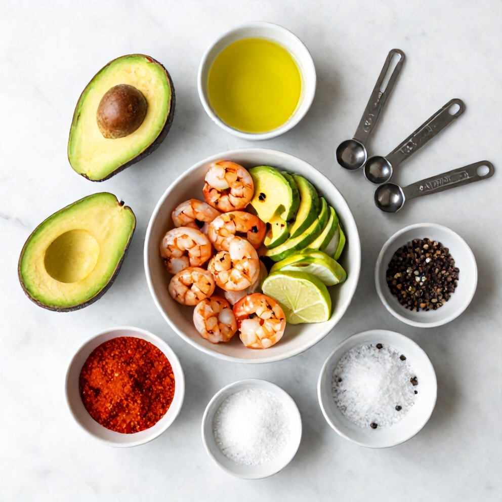 Raw ingredients for Grilled Shrimp and Avocado Bowl with shrimp, avocado, and lime