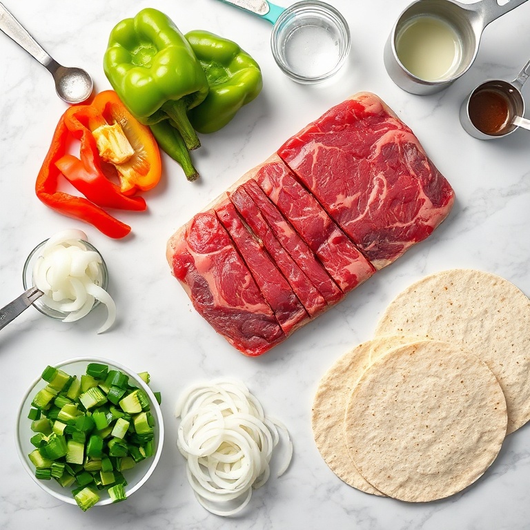 Raw steak, bell peppers, onions, and tortillas arranged on a marble surface