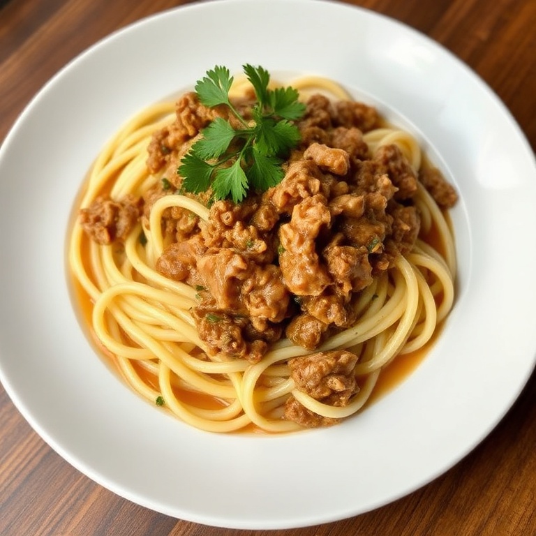 A perfectly plated serving of ground turkey stroganoff with fresh parsley on top. A white porcelain plate with a drizzle of sauce.