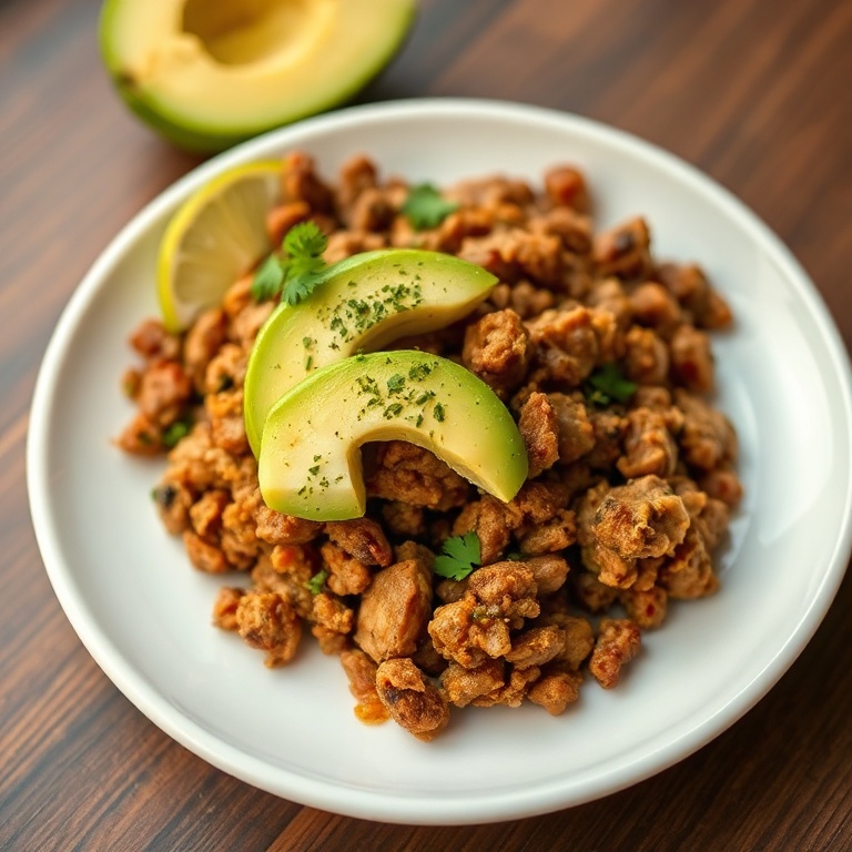 A single serving of ground turkey taco skillet with avocado and lime
