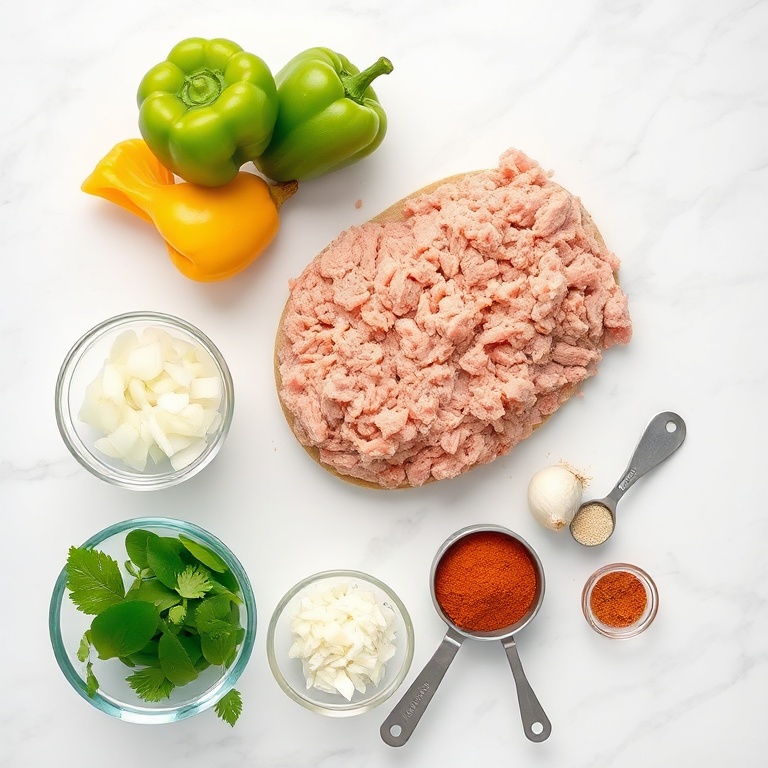 Raw ground turkey, bell peppers, onions, garlic, and taco seasoning neatly arranged