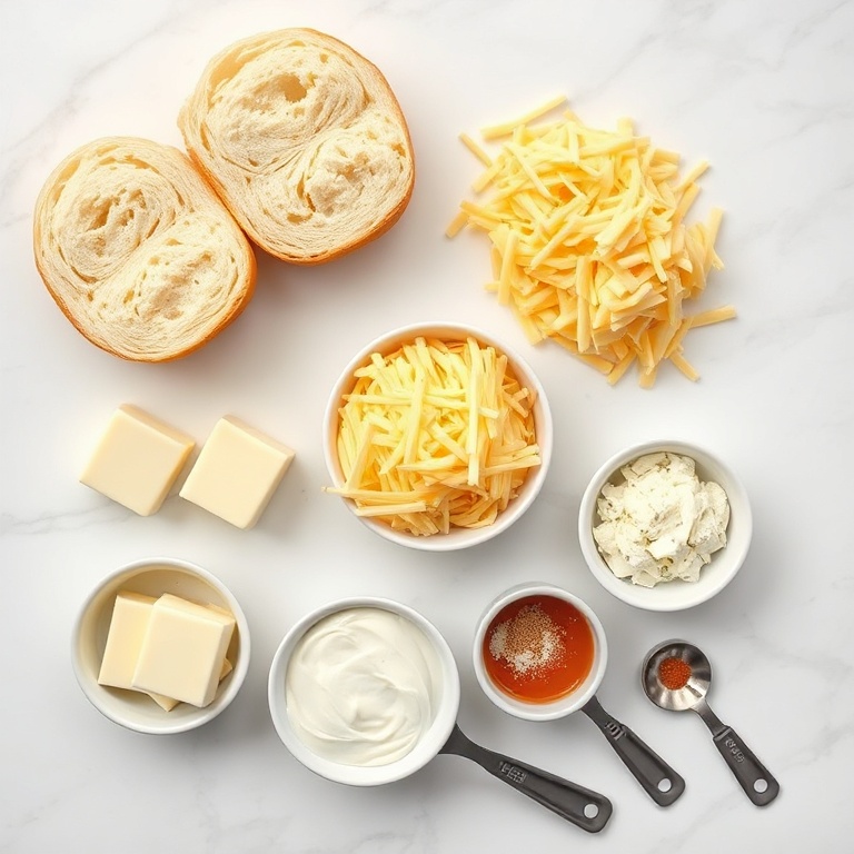 Overhead view of sliced Hawaiian rolls, shredded cheddar cheese, mozzarella, softened butter, and mayonnaise in bowls on a marble surface.