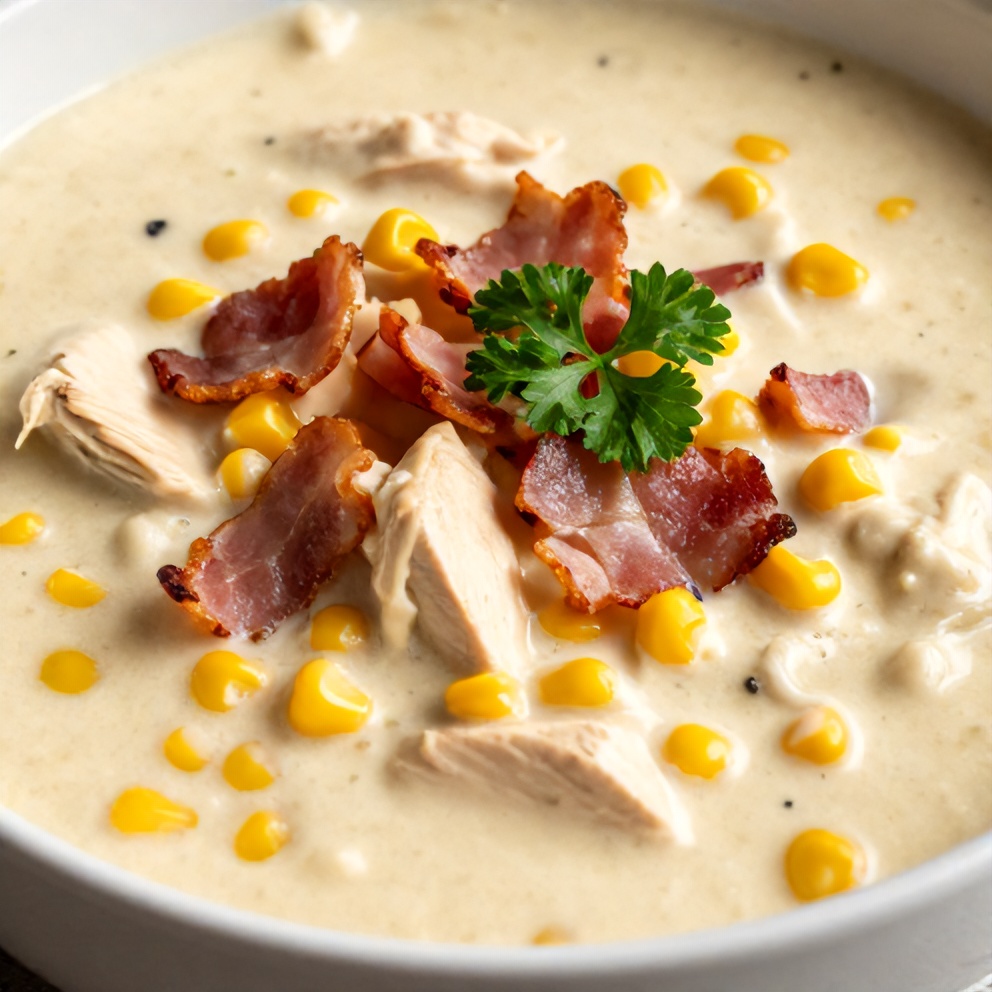 Close-up of creamy chicken and corn chowder with crispy bacon and fresh parsley garnish, served in a white bowl.