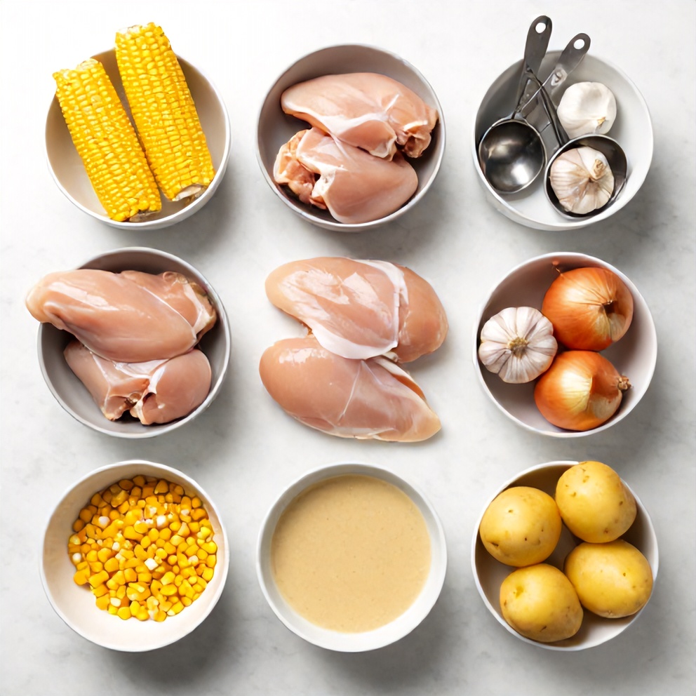 Raw ingredients for chicken and corn chowder arranged in an overhead flat lay, including chicken breasts, corn, onion, garlic, and potatoes.