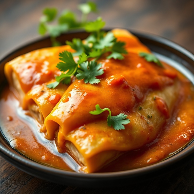 Plated chicken enchiladas with fresh cilantro. Warm lighting highlights the texture and sauce.