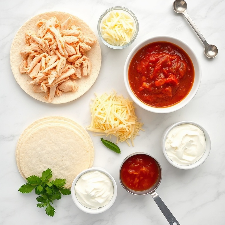 Raw chicken, tortillas, cheese, salsa, and spices arranged in a flat lay on white marble surface.