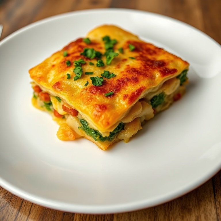 Perfectly plated casserole with fresh herbs. Close crop showing crispy edges. White porcelain plate. Warm lighting. Photorealistic food photography. No text. No watermark.