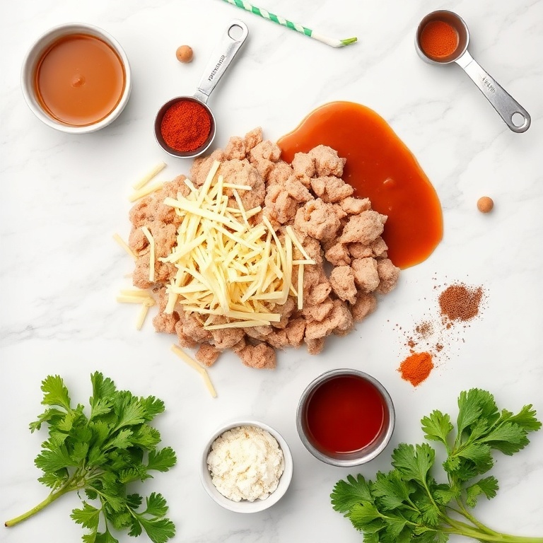 Overhead flat lay of ground turkey, cheese, sauce, vegetables, and spices. Measuring spoons and bowls visible. White marble surface. Bright even light. Photorealistic food photography. No text. No watermark.
