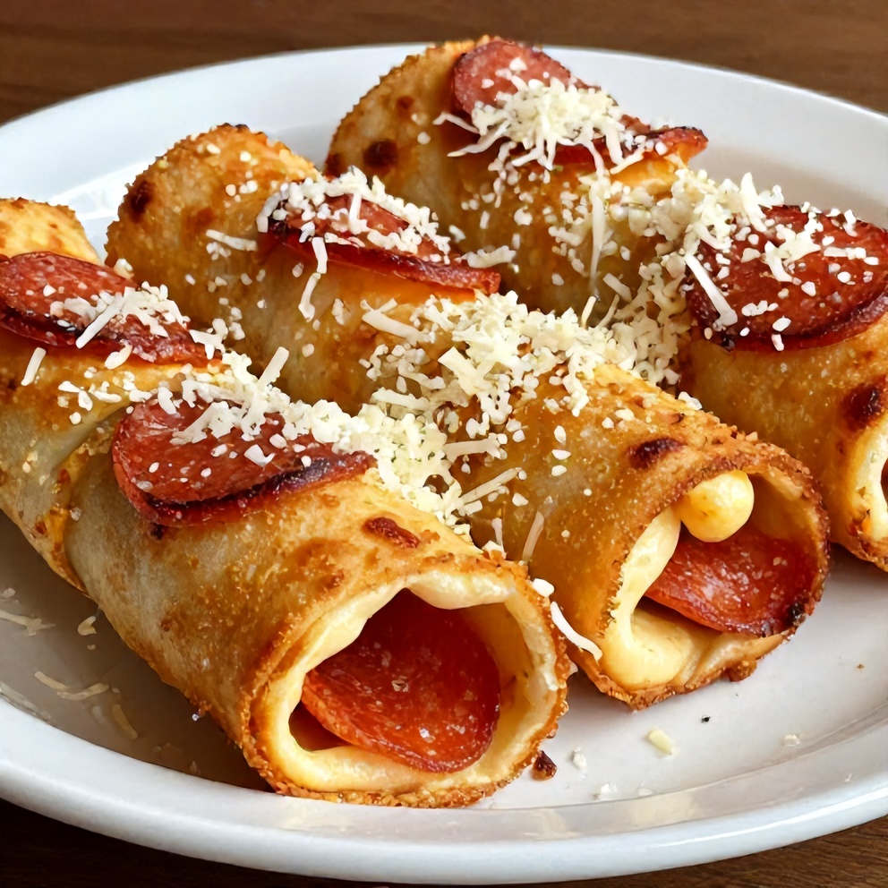 Plated serving of high protein pepperoni pizza rolls