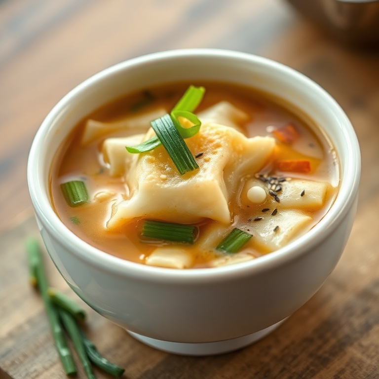A single serving of egg roll soup in a white ceramic bowl. Topped with green onions and a sprinkle of sesame seeds.
