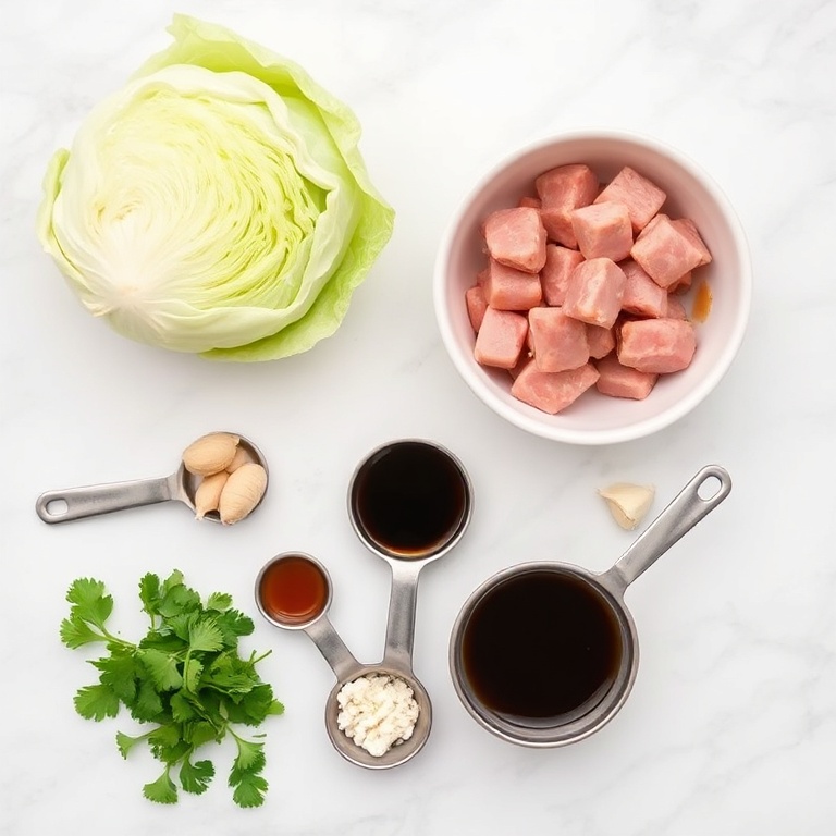 Raw ingredients for egg roll soup: cabbage, pork, ginger, garlic, rice noodles, and soy sauce arranged in a flat lay with measuring spoons and bowls.