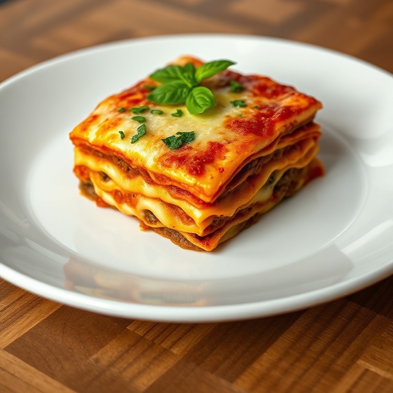 One generous square of homemade lasagna on a white ceramic plate, topped with fresh basil, showcasing melty cheese and neat layers.