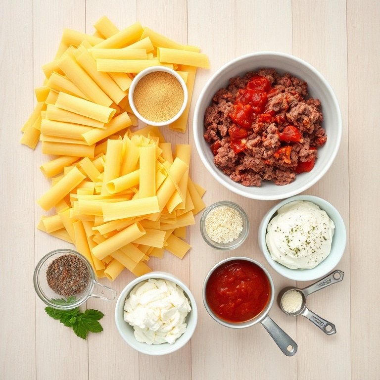 All raw lasagna ingredients arranged overhead: lasagna noodles, ground beef, mozzarella cheese, ricotta, and marinara sauce with bowls, spoons, and wood surface.
