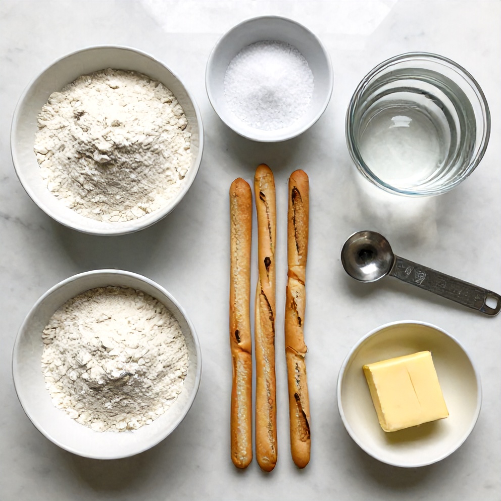 Breadstick ingredients on a marble counter
