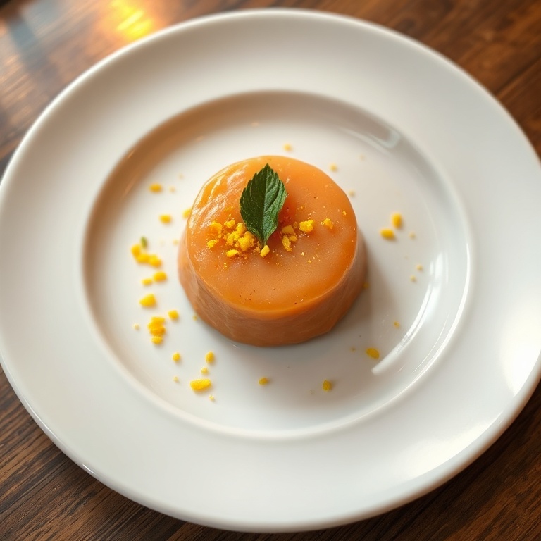 A single serving of pate de fruits on a white ceramic plate. A sprinkle of zest and a small herb leaf decorate the top. Warm lighting highlights the glossy surface and vibrant color.