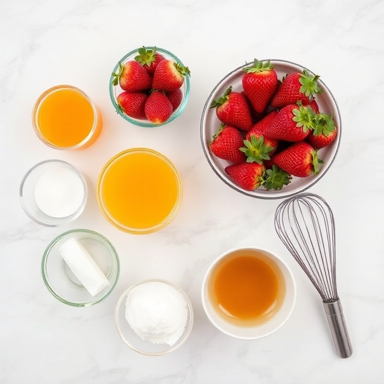 Overhead shot of fresh strawberries, orange juice, sugar, gelatin, and citric acid. Measuring cups, a mixing bowl, and a whisk are visible. All ingredients are neatly arranged on a white marble surface.