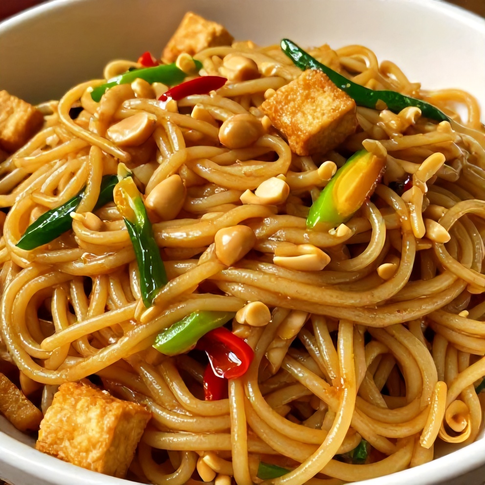 Peanut sauce noodles with vegetables and crispy tofu
