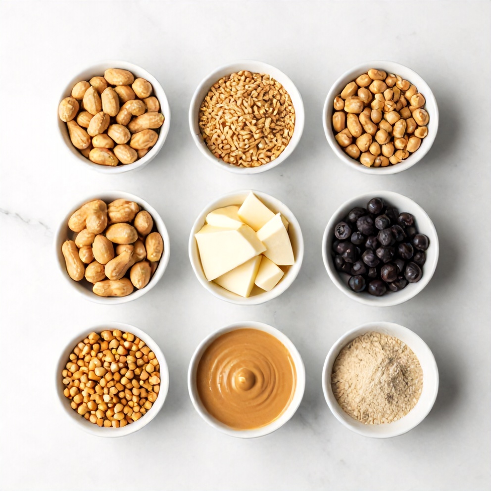 Ingredients for homemade peanut sauce laid out on a wooden surface