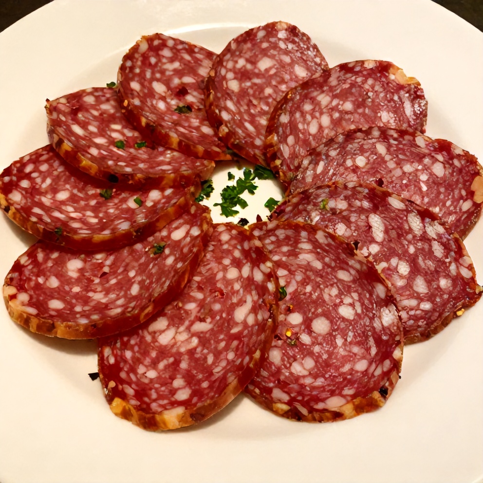Vegan Salami slices on a plate with herbs