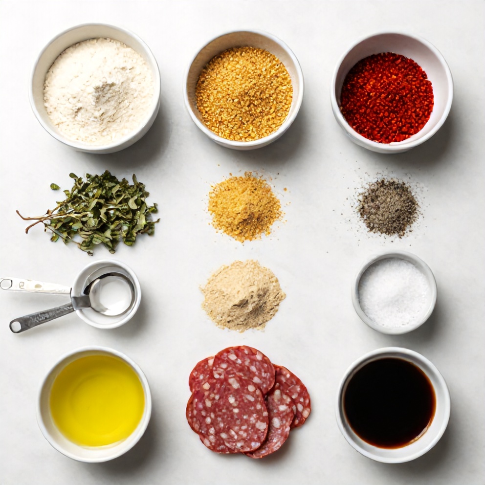 Raw ingredients for Vegan Salami on a marble surface