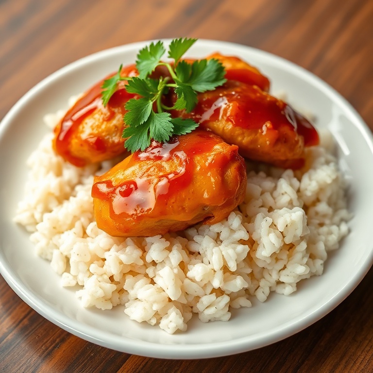 Serving of honey BBQ chicken and rice with fresh cilantro. Golden sauce drizzled over crispy chicken and fluffy rice.