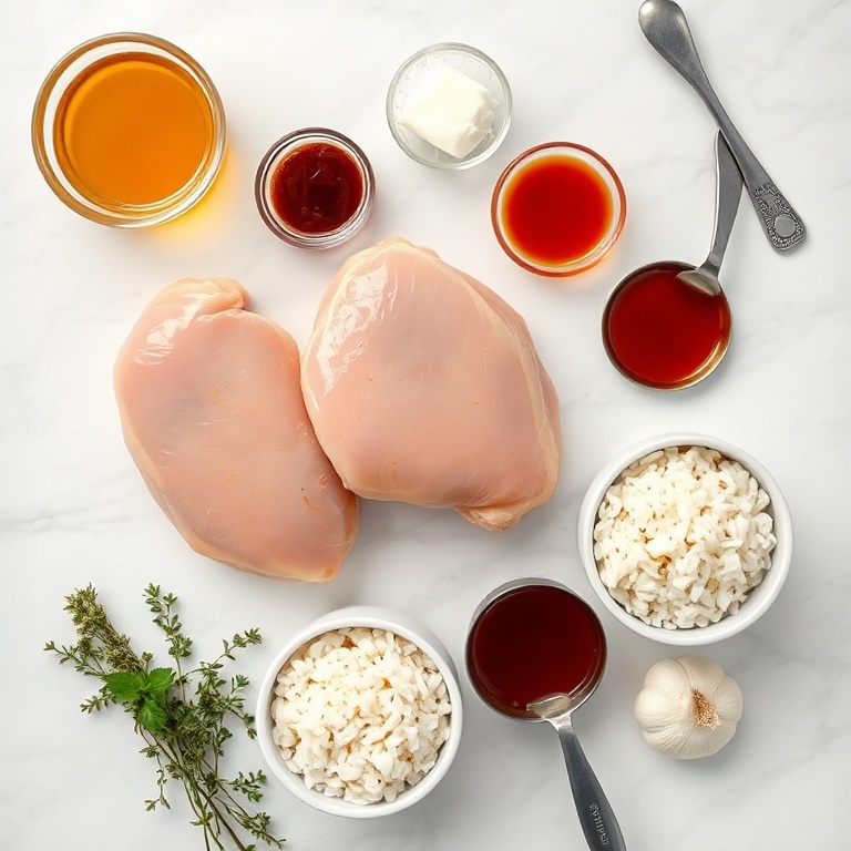 Fresh chicken thighs, rice, honey, BBQ sauce, garlic, and onions arranged in a flat lay. Measuring tools and bowls visible.