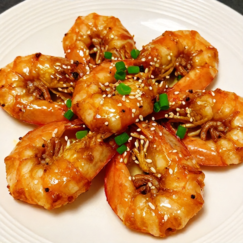 Honey Garlic Shrimp plated with green onions and sesame seeds