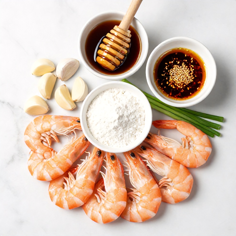 Raw shrimp, garlic, honey, soy sauce, green onions, and cornstarch on a marble surface
