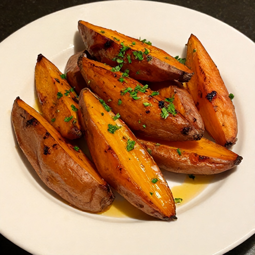 Plated honey roasted sweet potatoes with a drizzle of honey and a sprinkle of cinnamon