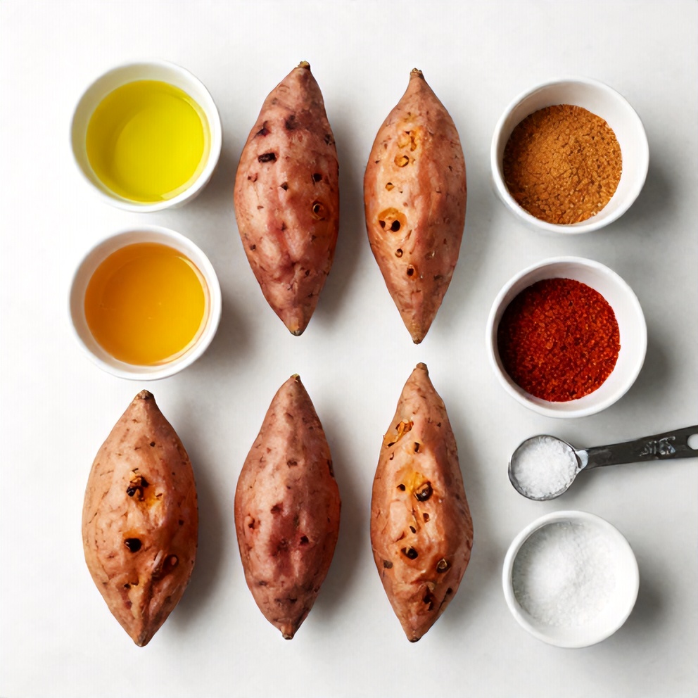 Raw ingredients for honey roasted sweet potatoes including sweet potatoes, honey, cinnamon, and paprika