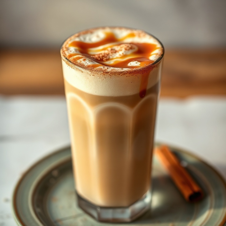 A single serving of iced cinnamon dolce latte in a tall glass. Cinnamon sugar rim and a drizzle of caramel on top.