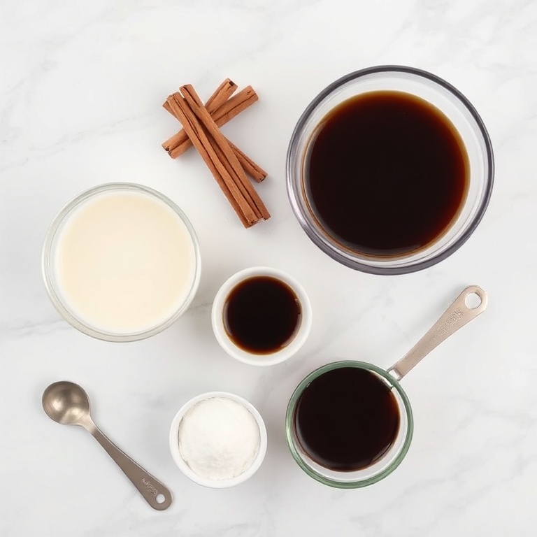 Raw ingredients for iced cinnamon dolce latte: whole milk, strong brewed coffee, cinnamon sticks, sugar, and vanilla extract arranged in a neat overhead flat lay.