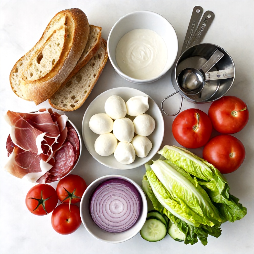 Raw ingredients for Italian Grinder Salad Sandwich on a white marble surface