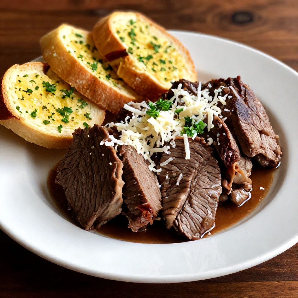 Italian Pot Roast served on a plate with garlic bread